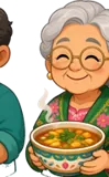 Cartoon grandmother holding a bowl of soup