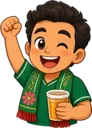 Cartoon soccer fan cheering with a drink