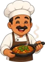 Cartoon chef holding a sizzling fajita skillet