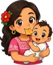 Cartoon mom and baby sharing a chip
